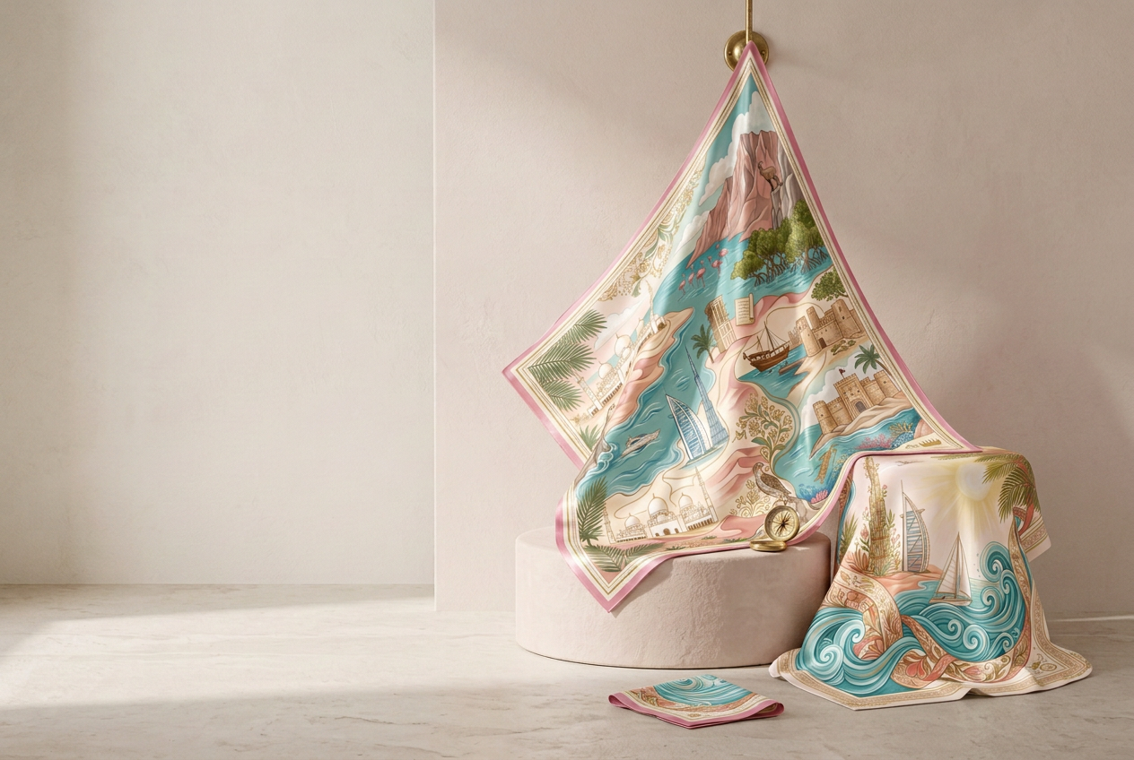 Desert Queens silk scarves draped in ivory, blush and gold