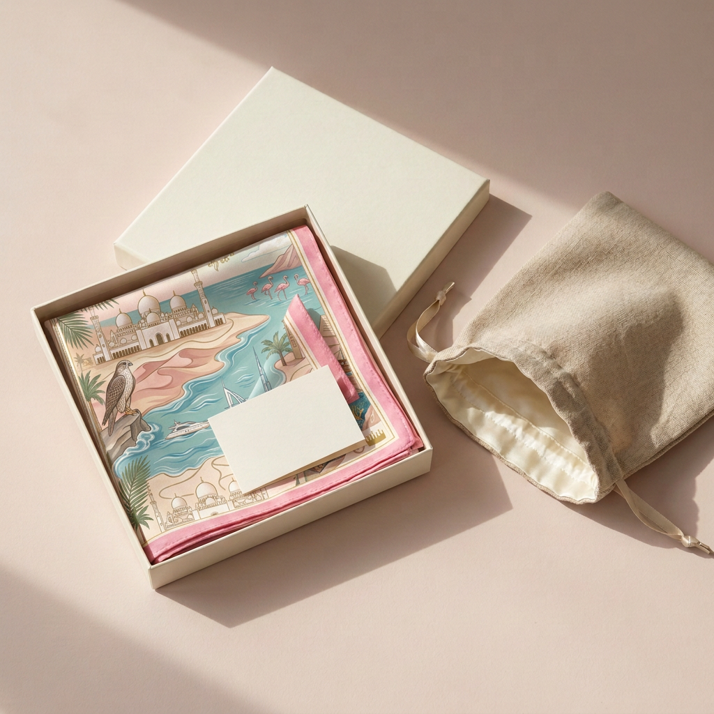 Silk scarf presentation box with an ivory-lined Dune Sand travel pouch