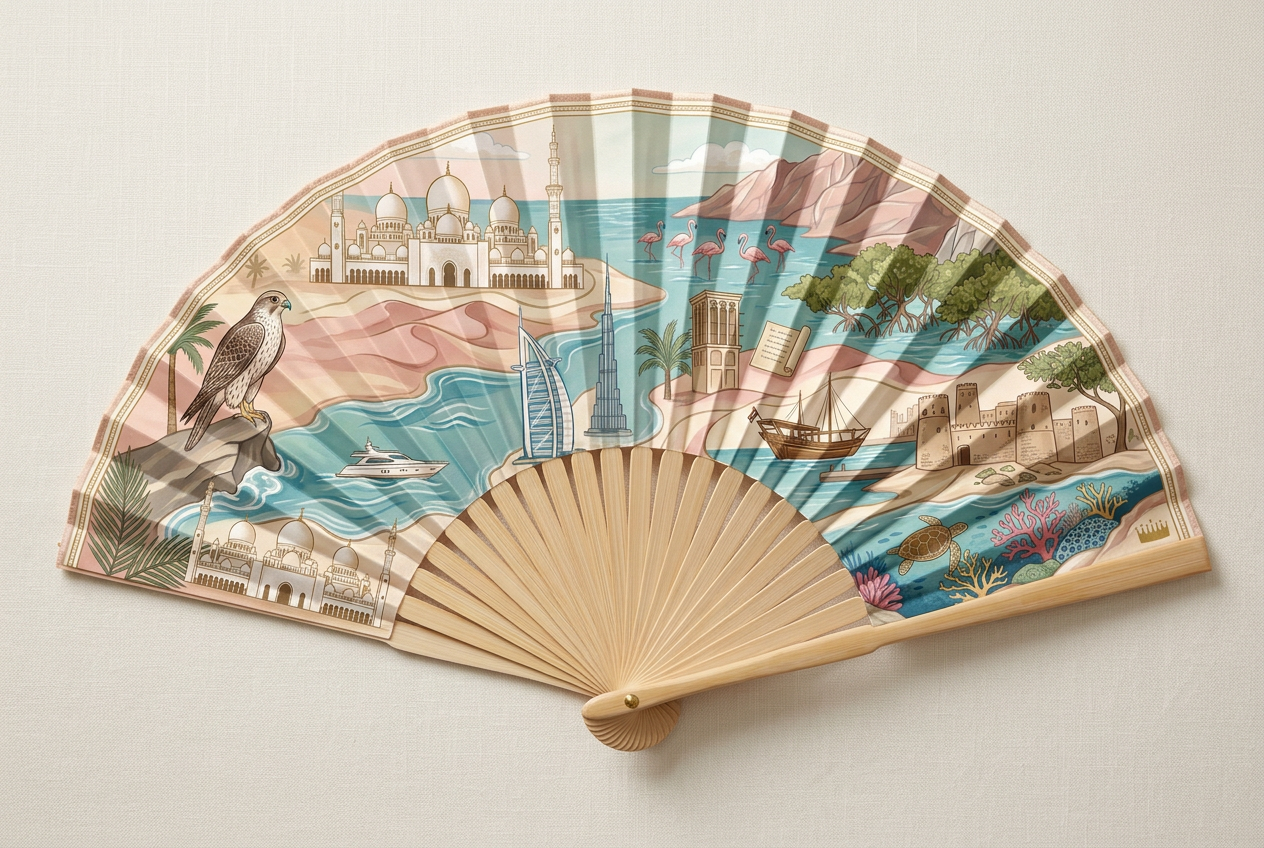 Open silk hand fan with the combined Seven Emirates artwork and a small gold crown at the edge