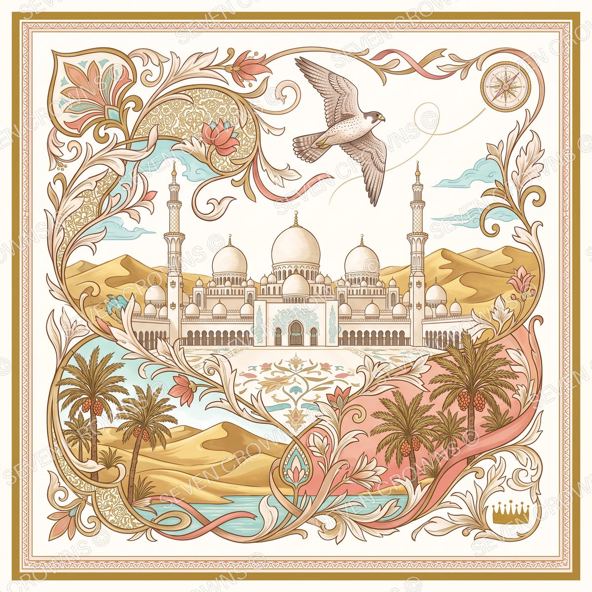 Abu Dhabi silk scarf — The grand mosque, falcon & palms