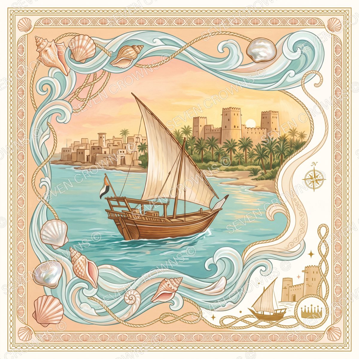 Ajman silk scarf — The dhow, fort & pearl