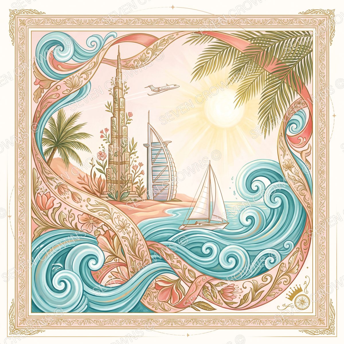 Dubai silk scarf — The skyline, yacht & sea