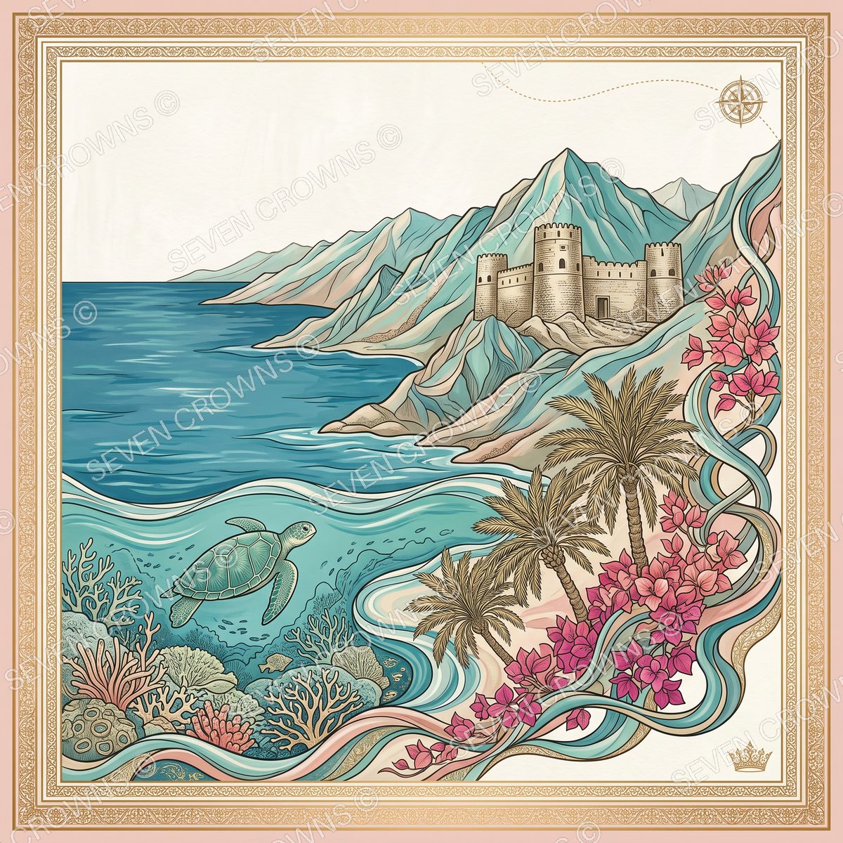 Fujairah silk scarf — The Hajar mountains, fort & sea turtle