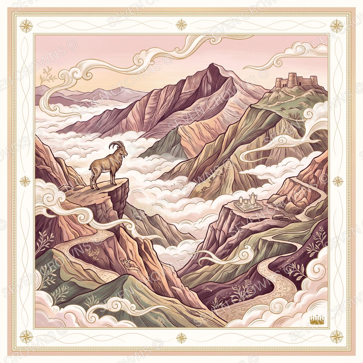 Ras Al Khaimah silk scarf — Jebel Jais, mountain tahr & clouds