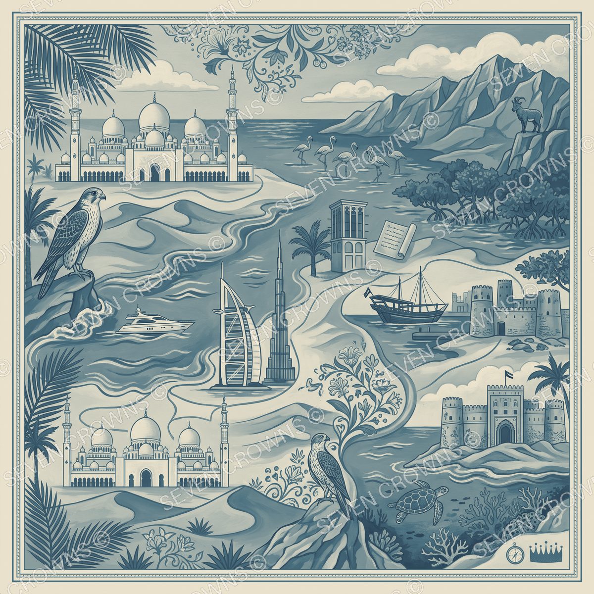 Seven Emirates men's pocket square artwork in midnight blue, teal and champagne