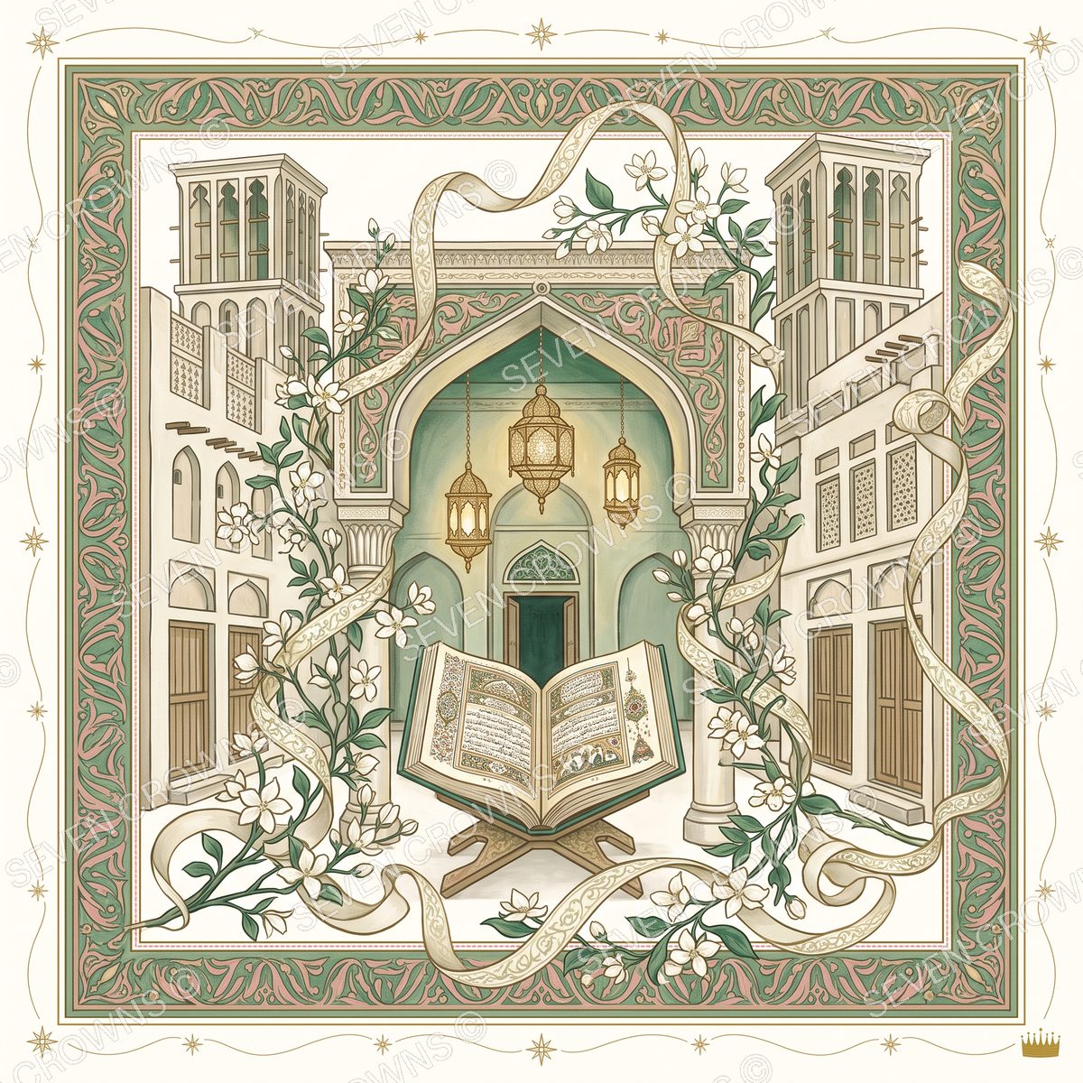 Sharjah silk scarf — The arts quarter, manuscript & jasmine